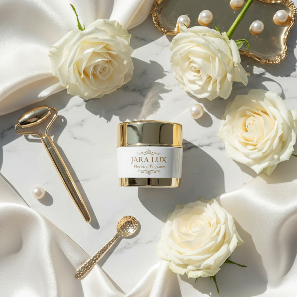 JARA LUX Revitalizing Eye Cream jar with gold accents on marble