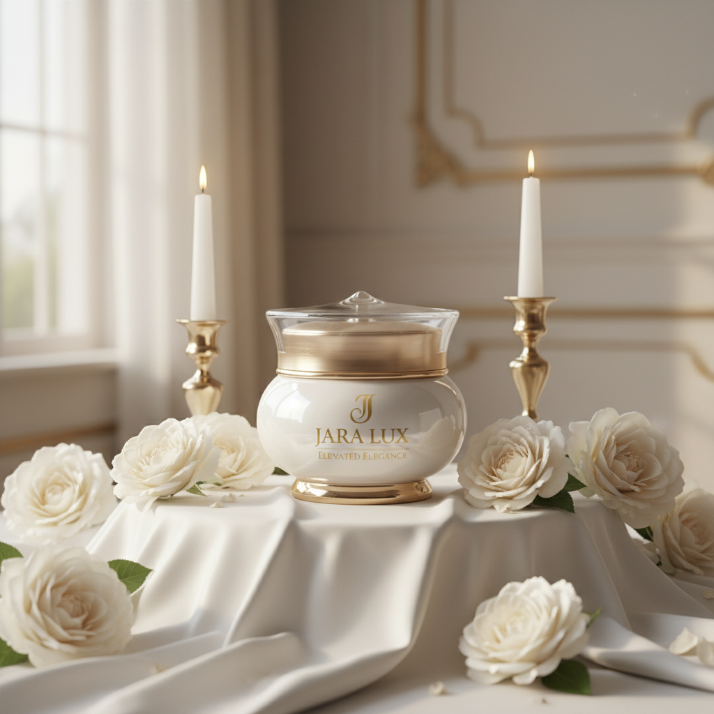 JARA LUX Luxury Face Cream jar with gold accents on silk with white roses